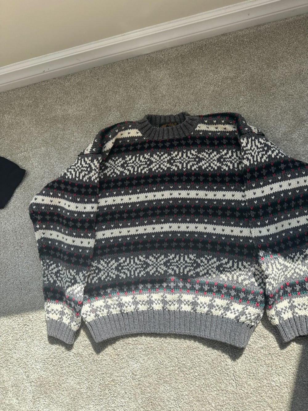 Eddie Bauer Gray Fair Isle Crewneck Sweater with White and Red Accents
